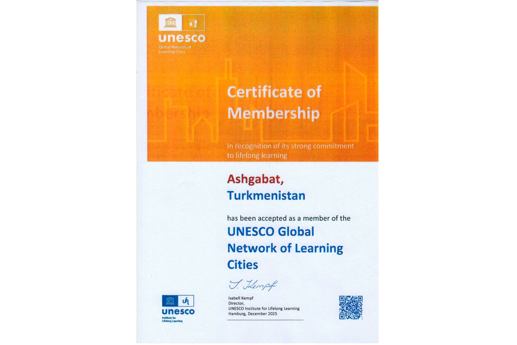 Aşgabat ÝUNESKO-nyň öwreniji şäherleriniň bütindünýä toruna girizildi